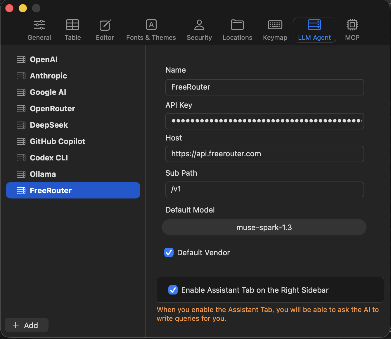 TablePlus LLM Agent settings with a FreeRouter vendor entry: Host https://api.freerouter.com, Sub Path /v1, a default model, and the Assistant tab enabled.